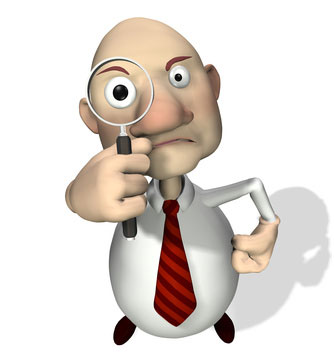 Figur mit Lupe vor einem Auge