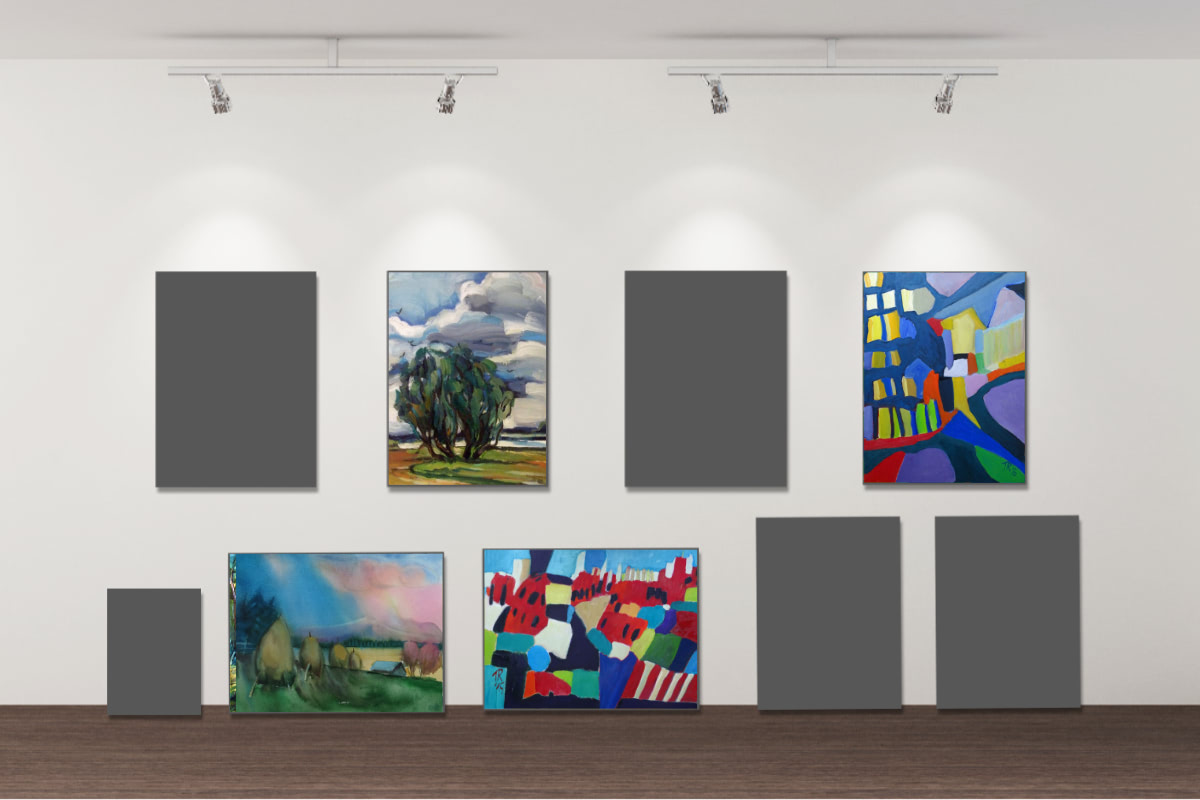 Bilder an der Wand vom Kunstpaar gehängt